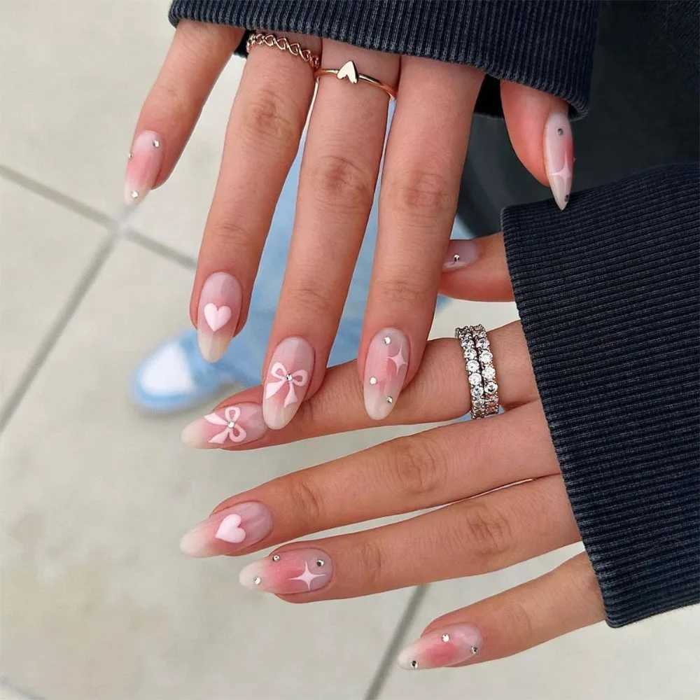 24Pcs Detachable Acrylic False Nails Press On Nail Cute Cherry French Almond Wearable Artificial Fake Nails Full Cover Nail TipsT251118T251119