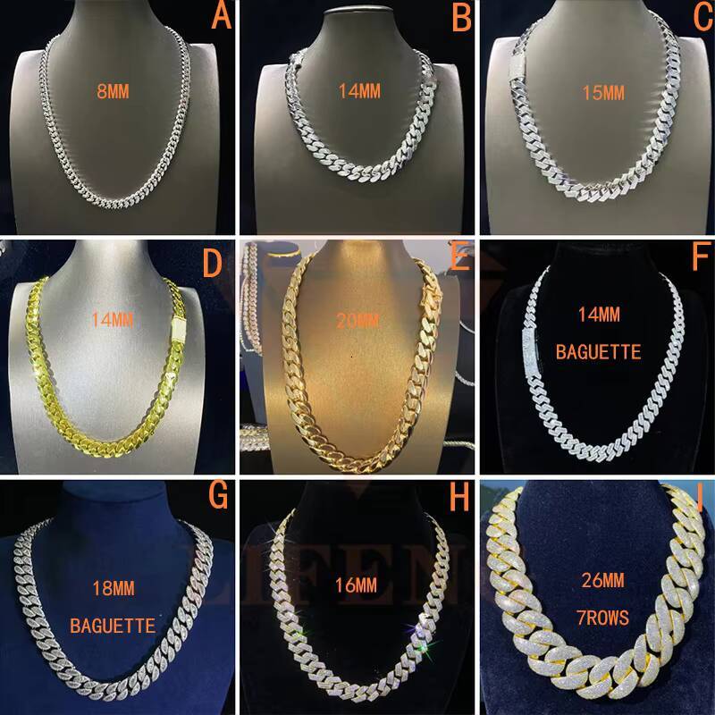 Hot Selling Black Diamond Cuban Chain 8mm 2 Rows 925 Silver Black Gold Plated Iced Out Chain Moissanite Cuban Link Chain