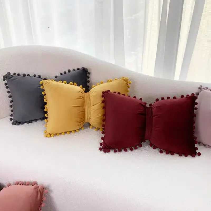 Velvet Bows Pompom Cushion Cover Decorative s Throw case Solid Colors Bow Cushions Cover Home Sofa Seat DecorM251119