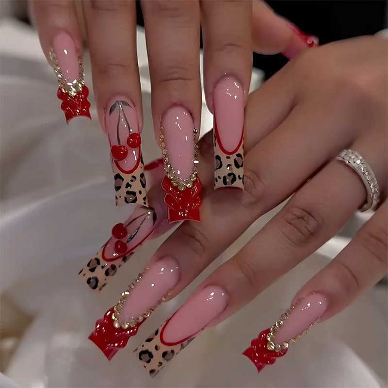 24Pcs Long Square Press on Nails Leopard Print French 3D Cherry Design False Nail Rhinestone Wearable Full Cover Fake Nails TipsT251118T251119