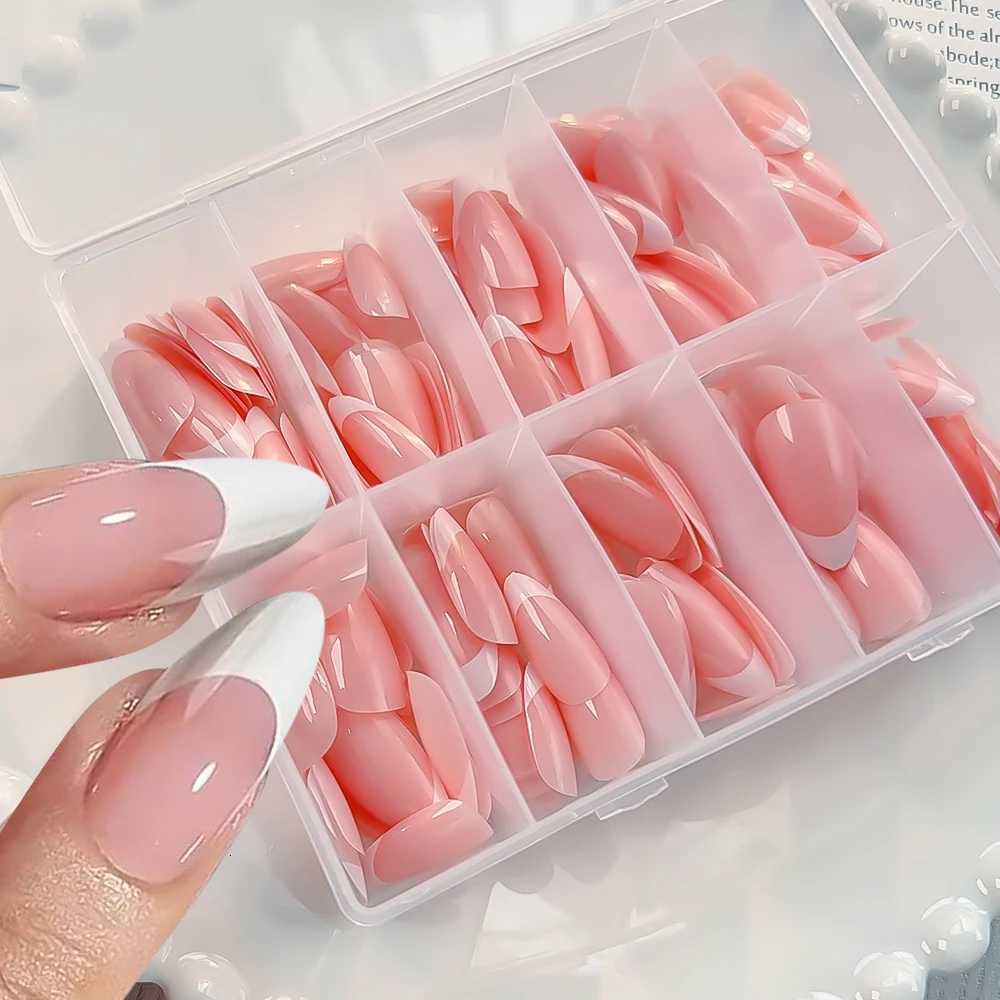 120/240Pcs Nude Pink Almond Press On Nails White-Edge French Glossy Almond Fake Nails Full Cover Soft Gel Nude Pink Nail TipsT251118T251119