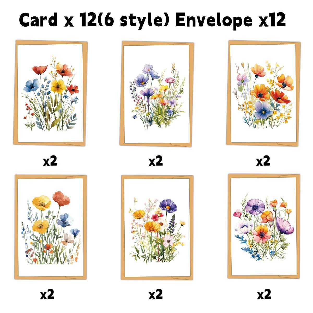 12pcs Watercolor Wildflower Thank You Cards Set with Envelopes Greeting Cards with Messages for Birthdays Invitations Gifts G251119