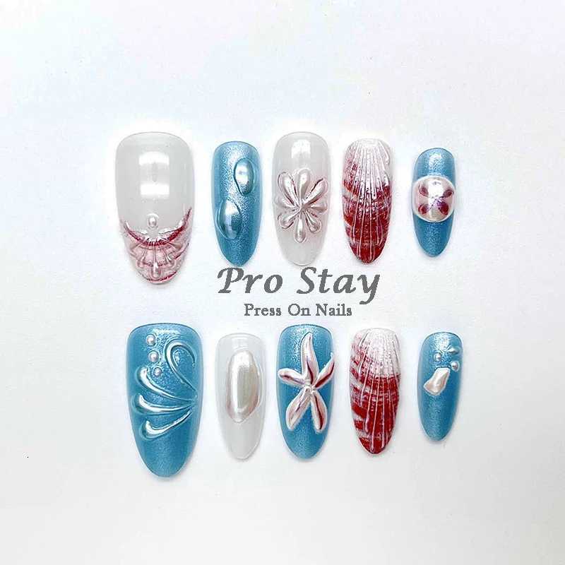 10pcs Pink Almond French Handmade Press on Nail with Silver 3D Pearl Bow Flower Pattern Reusable Full Cover Tips for WomenT251118T251119