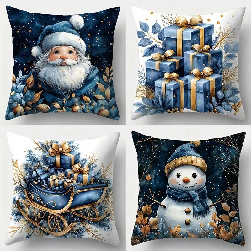 4pcs Holiday Christmas Covers Modern Blue Winter Night Design Stylish Decor for Living Room SofaM251119