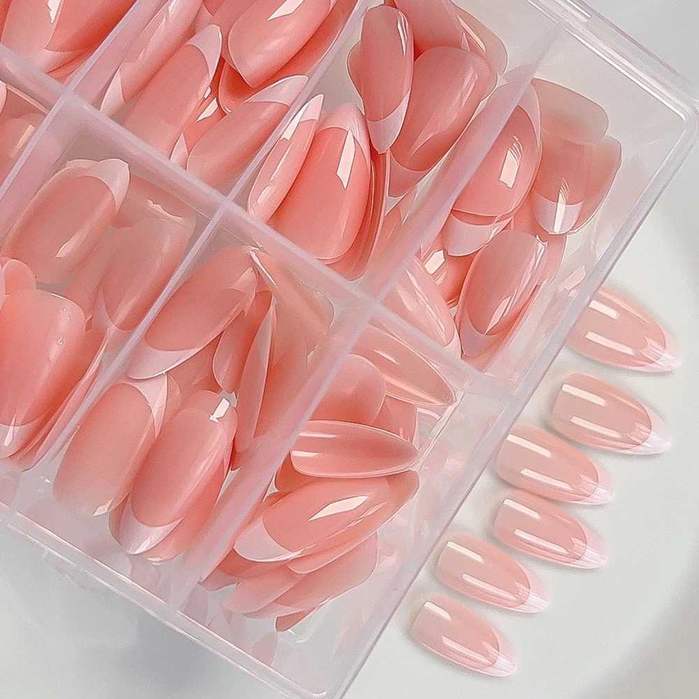 120/240Pcs Nude Pink Almond Press On Nails White-Edge French Glossy Almond Fake Nails Full Cover Soft Gel Nude Pink Nail TipsT251118T251119