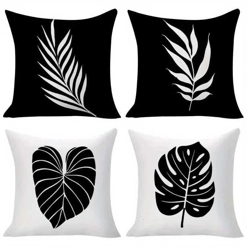 4pcs Set of Simple Black and White Leaf Pattern Covers Available in Three Sizes Square Soft Polyester Cushion Covers wiM251119