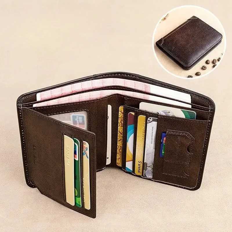 High-quality Mens PU Leather Trifold Business Short Purse Wallet for Men with ID Window and Credit Card HolderT251119