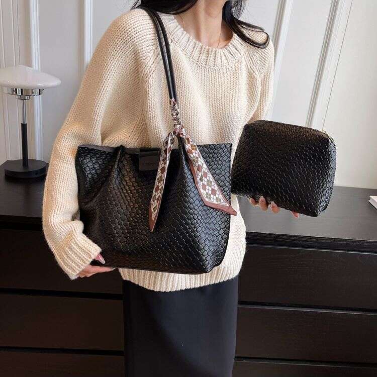 2025 new leather imitation woven material large capacity mother and child bag, women's diamond grid casual versatile single shoulder tote bag