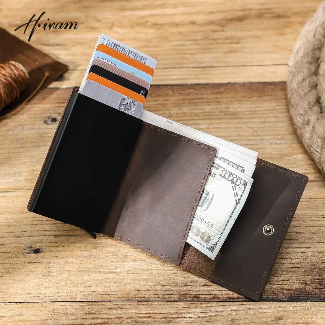 Hiram RFID Card Holder Wallet for Men Credit Card Holder Money Purse Business Unisex Genuine Leather Cardholder Aluminum BoxT251119