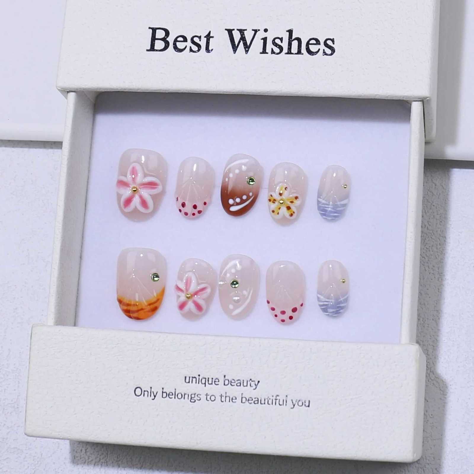 10pcs Handcrafted Almond-Shaped White French Press-On Nails with 3D Floral Design - Glossy Finish Short Length for Women/GirlsT251118T251119