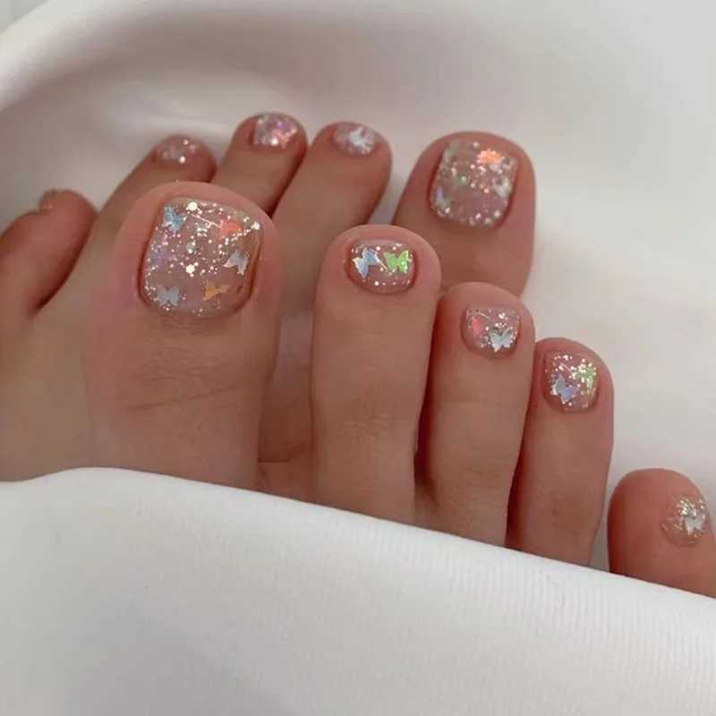 24pcs Bling Fake Toe Nails Press on False Toenails Acrylic Reusable Fake Nail Tips Decorated French Toe Nails New TrendT251118T251119