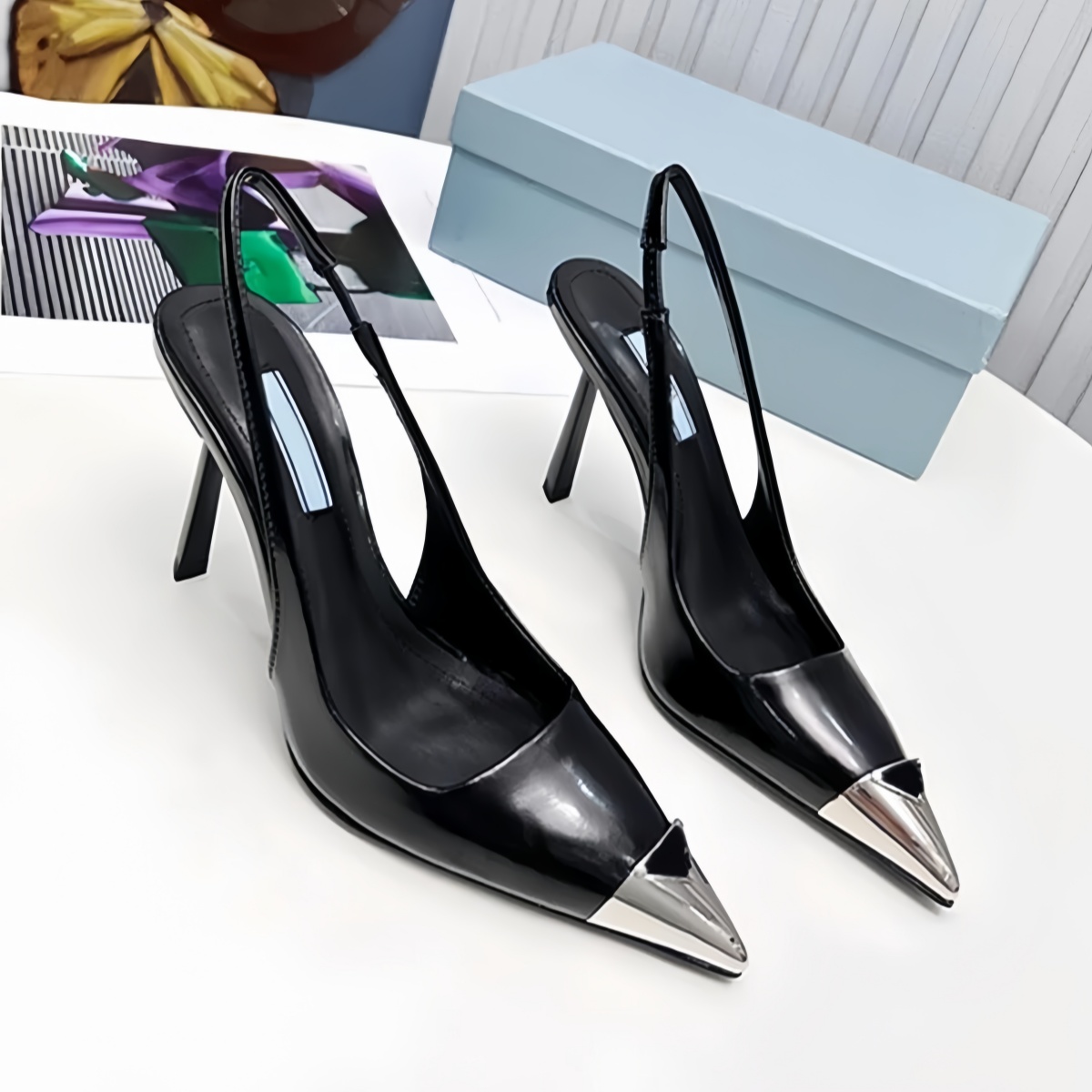 Designer Sandals Women High Heels Dress Shoes Classics P Triangle Sign Metal Pointed Toes Stiletto Heels Luxury Brand Pumps with Dust Bag 35-40