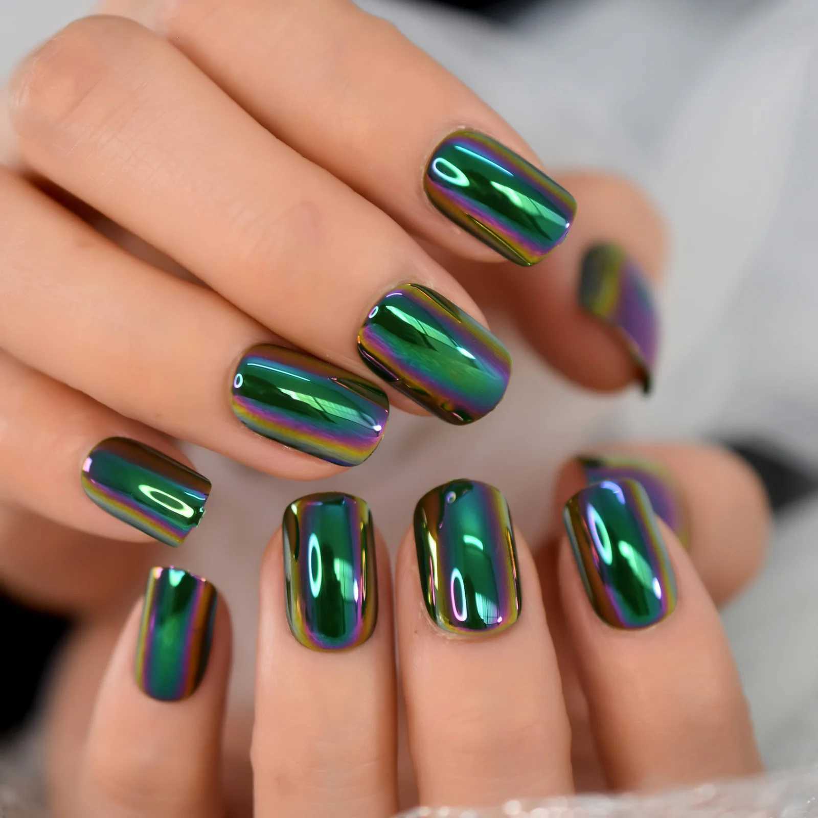 Metallic Press On Fake Nails Green Color Stick On Nails Square Medium Length Fashion Woman Dating PartyT251118T251119