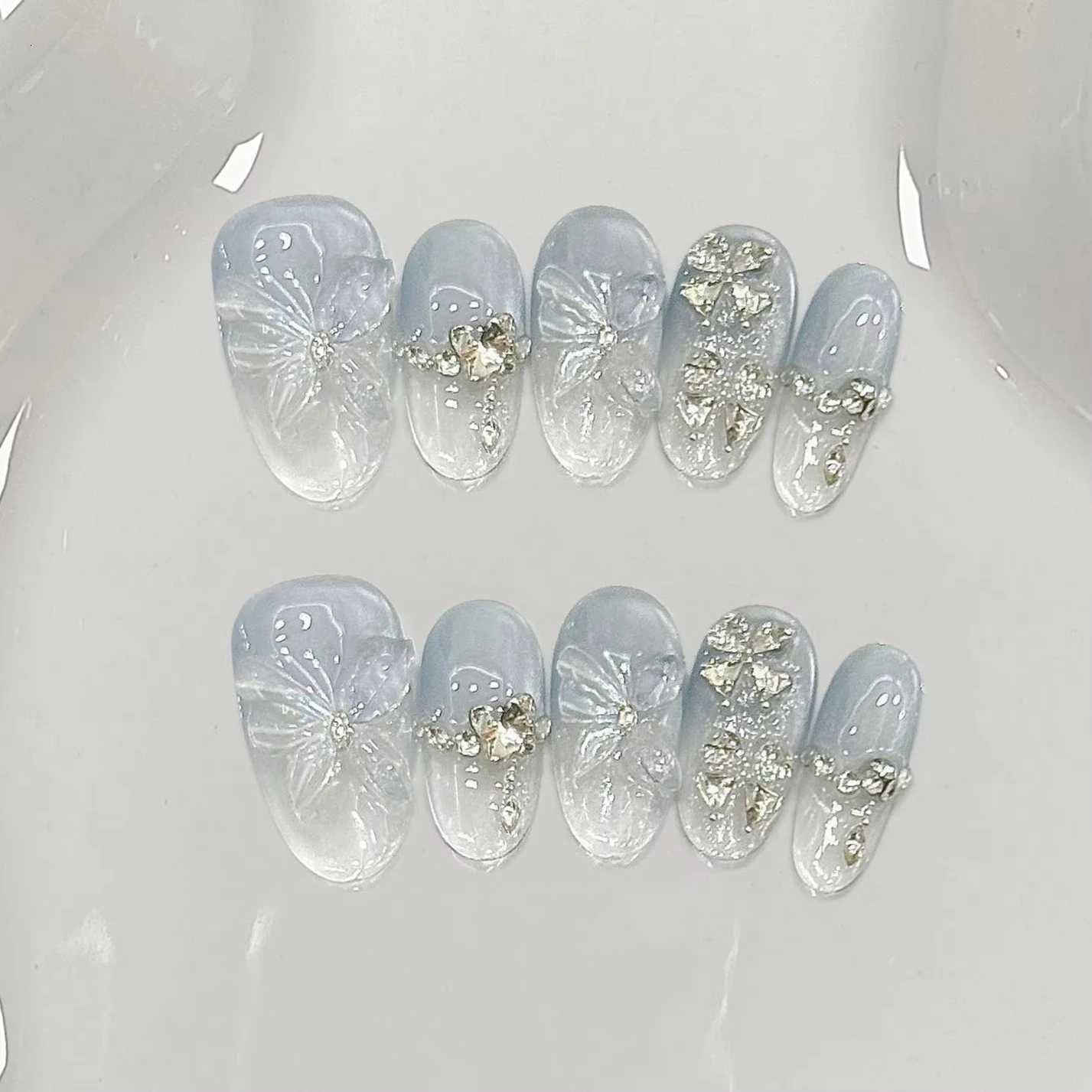 10pcs Blue Cat Eye Almond Handmade Press on Nails 3D Butterfly Fake Nails False Nail Artificial Nail Uas T251118T251119
