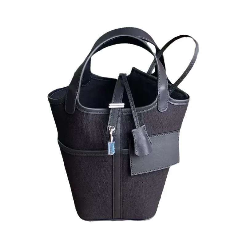 New Style Genuine Leather Cargo Basket Pocket Handheld Bucket Bag Swift Top Layer Picotincanva PatBagswork Design