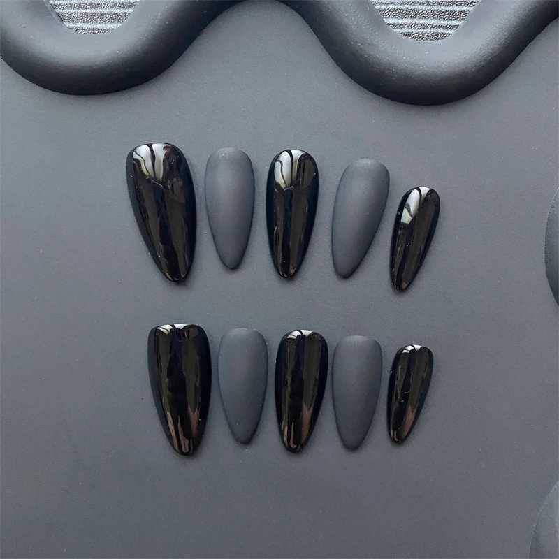 Handmade Almond Black Press on Nails Full Cover Acrylic Fake Nails Medium Matte Dark Manicure Nail Tips Wearable Reusable WomanT251118T251119