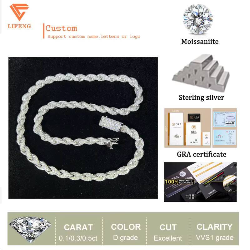 8mm Rope Necklace 925 Solid Silver Iced Out Vvs Moissanite Diamond Thick Twist Chain Cuban Link Chain for Man Hiphop Chain