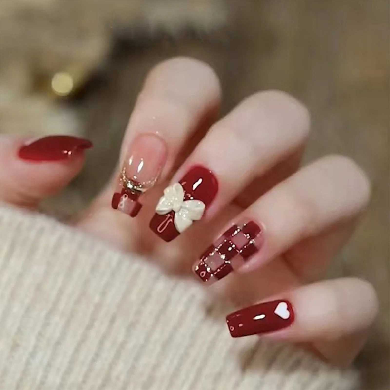 Long Ballet Press on Nails Red Rose Flower Designed Full Cover Fake Nails French Style Wearable False Nails Tips for WomenT251118T251119