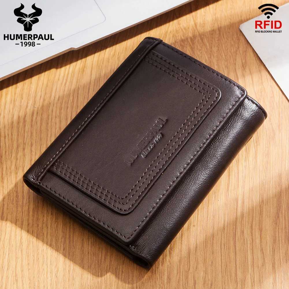 HUMERPAUL Genuine Leather Trifold Short Wallet for Mens High Quality Zipper Coin Pocket Slim RFID Card Holder Money BagsT251119