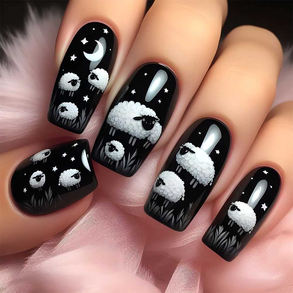 24pcs Cartoon Animal Print Fake Nails Rabbit Pigeon Sheep Cat pattern Korean Press on Nails for Women Girl Wearable False NailsT251118T251119