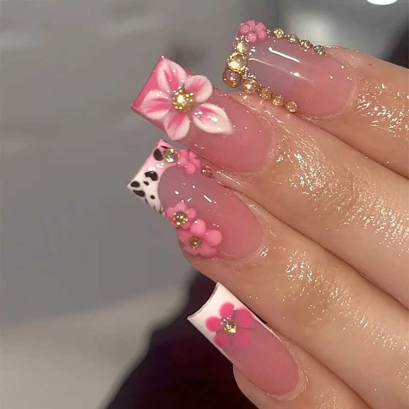 24Pcs Blue Smudge French False Nails Press on 3D Flower Starfish Shell Fake Nails Mid-length Square Wearable Full Cover Nail TipT251118T251119