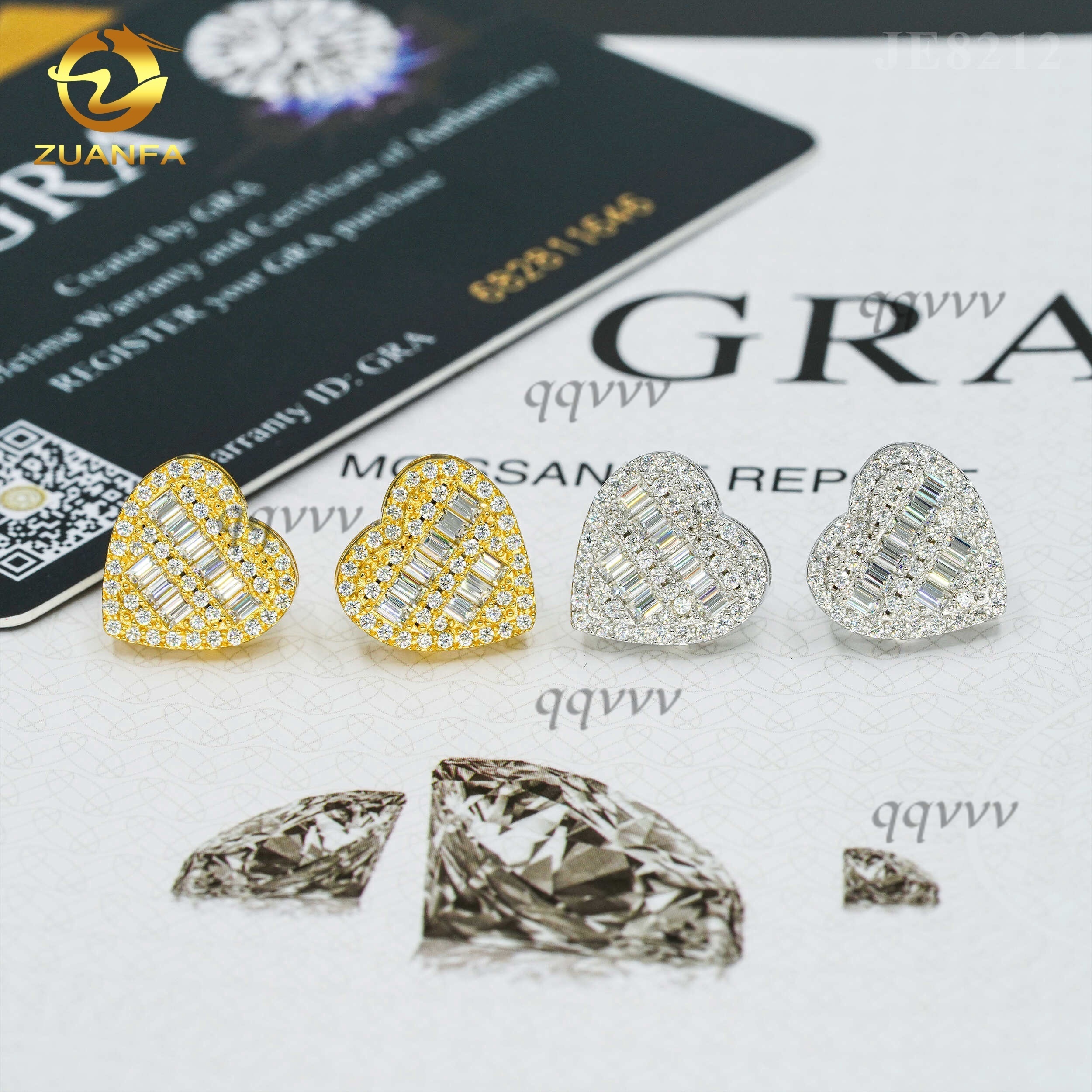 Fine Jewelry 925 Sterling Silver Heart Design Earring Studs Screw Back Women Men Vvs Baguette Diamond Moissanite Earring Studqqvvv