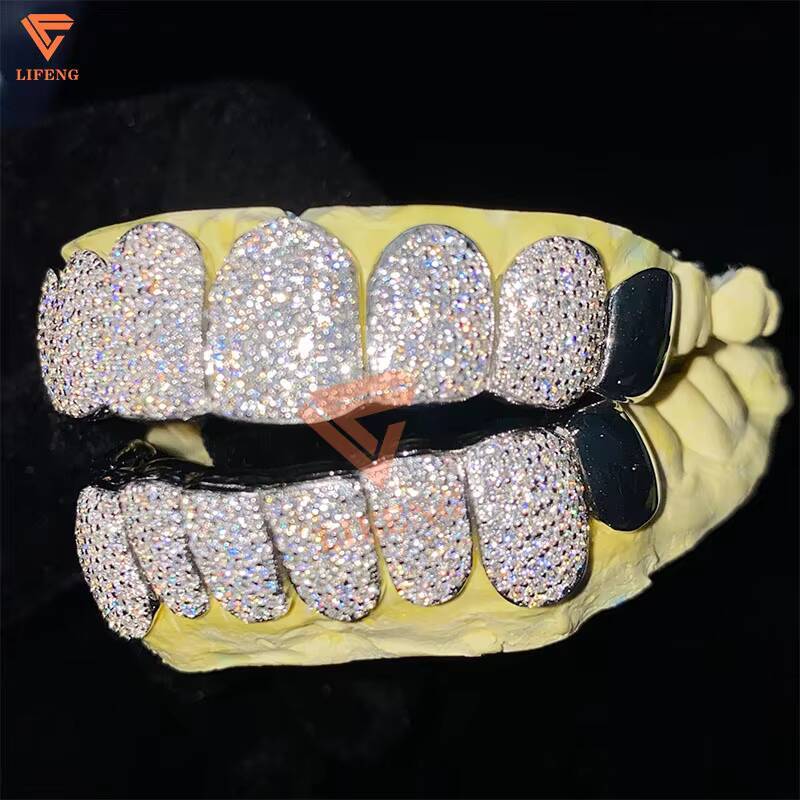 Grillz Custom Made Iced Out 925 Silver Grills VVS Moissanite Diamonds Perm Cut 8 Top 8 Bottom Gold Dental Teeth Grillz