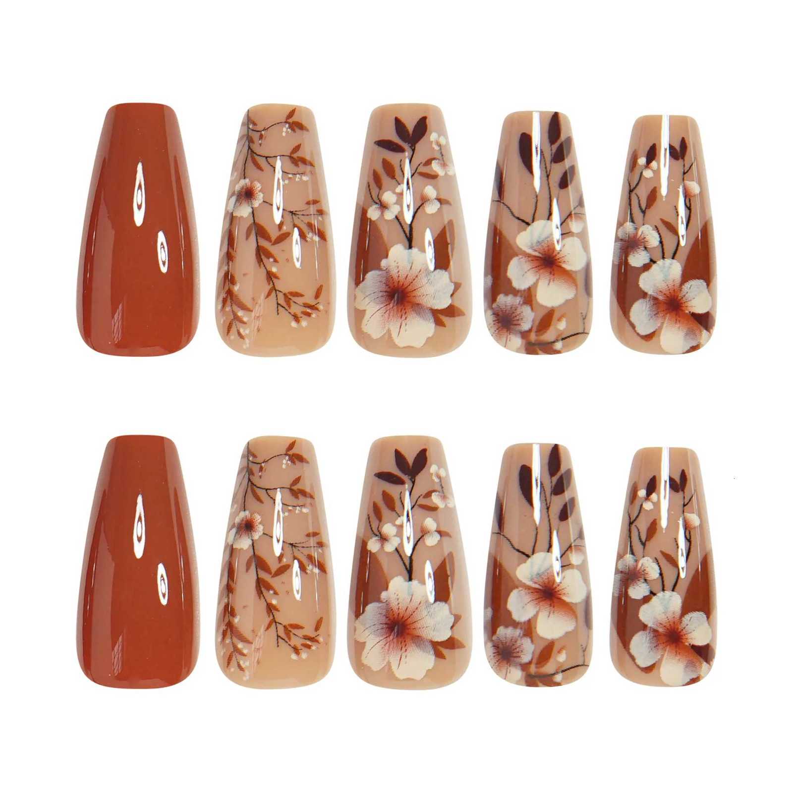 24Pcs Glossy Brown Fake Nails Autumn Almond Press On Nails with Gold Color Leaf Designs Full Cover Stick-on False Nails PatchesT251118T251119