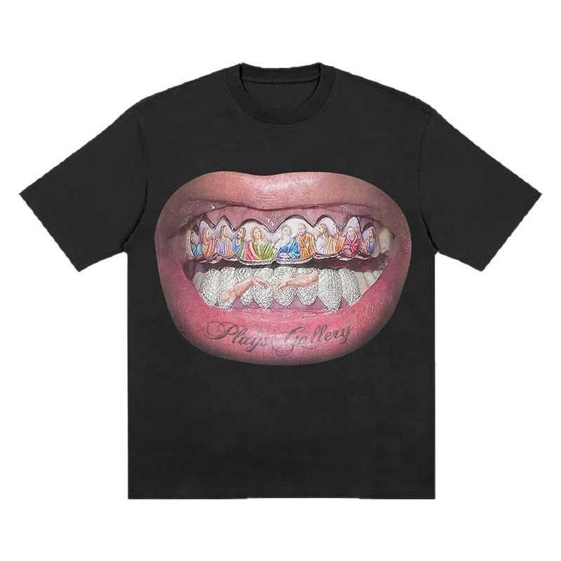 Rock hip-hop mens cotton short sleeved T-shirt Harajuku oversized casual O-neck punk lip print retro gothic Y2K streetwearXJ250418