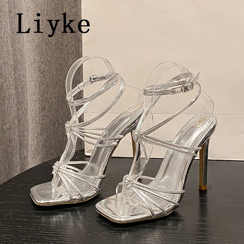 Liyke Summer Blue Denim Sandals Women Elegant Square Toe Party Wedding High Heels Crystal Buckle Narrow Band Female Dress Shoes 250418