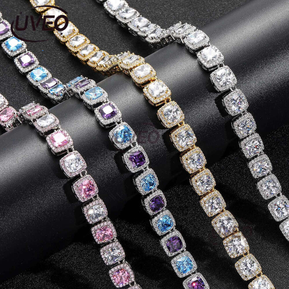 Designer Luxury 10mm square colored ice out VVS Moissamite rock Sugar tennis chain Hip Hop Men's Women's necklace Free delivery