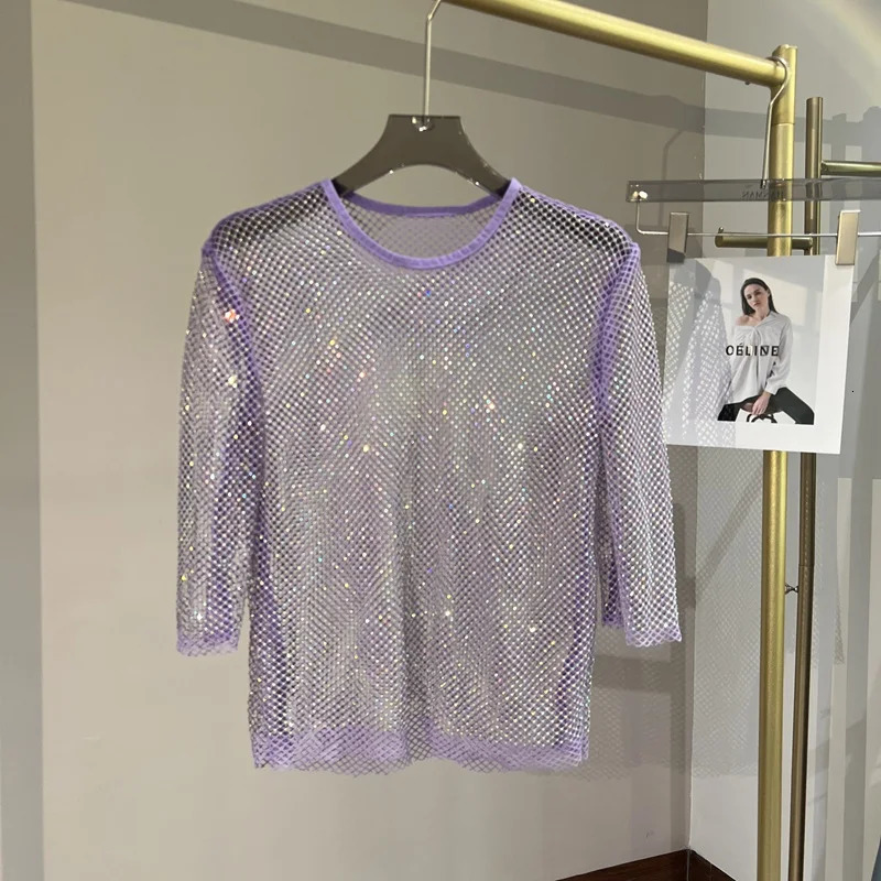 Mesh Diamonds Crystal Short Top Diamonds Super Fairy Inner Party Unlined Shiny Hollow Out Bottom Shirt 250415