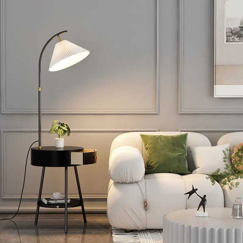 LED Pleated Lampshade Floor lamp with Wood Shelves Living Room Bedroom Corner Home Decoration Marble Standing Light E27 M251119