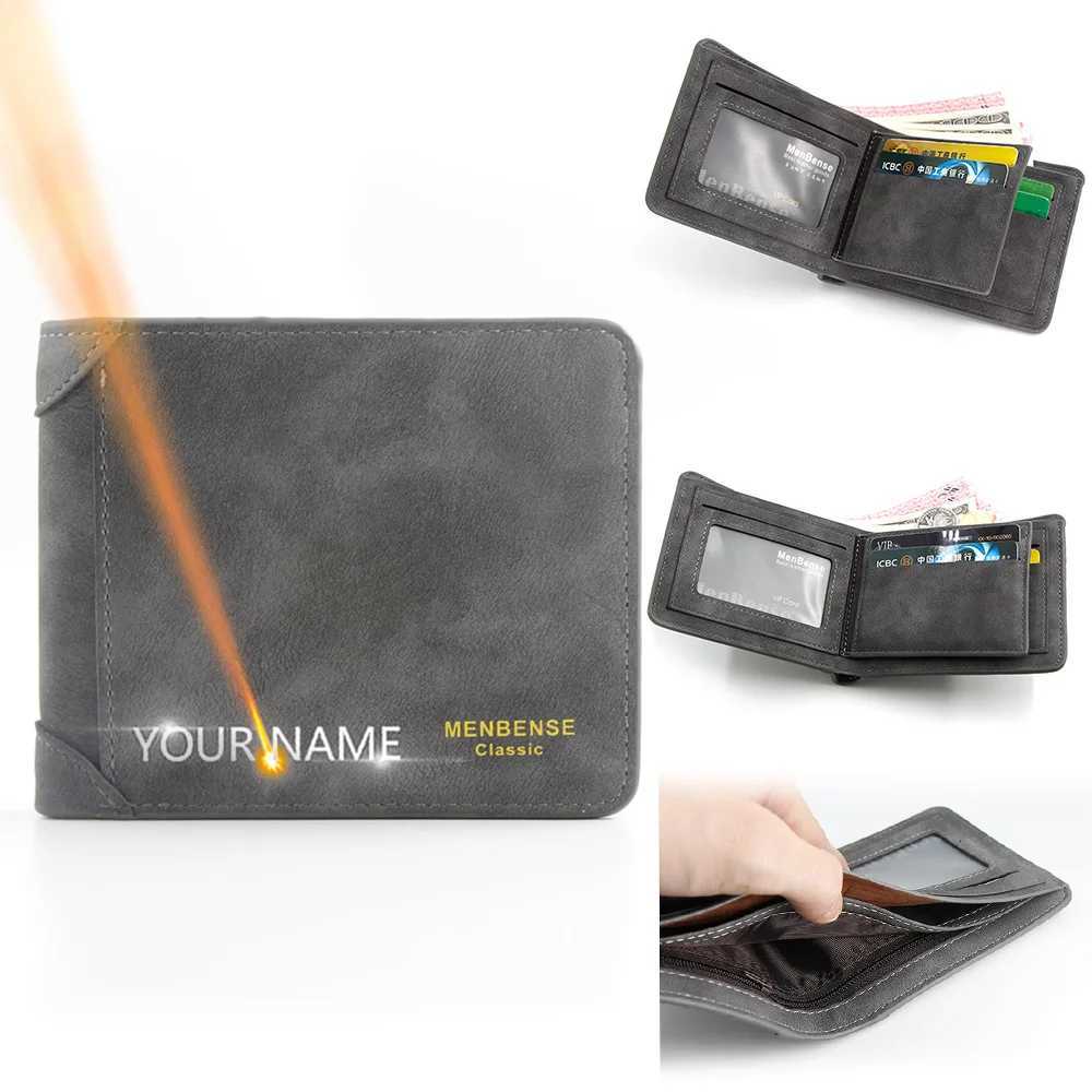 New Simple Short Men Wallets Name Engraving Card Holder Photo Holder Male Purse Classic Zipper Coin Pocket Square Men Money ClipT251119
