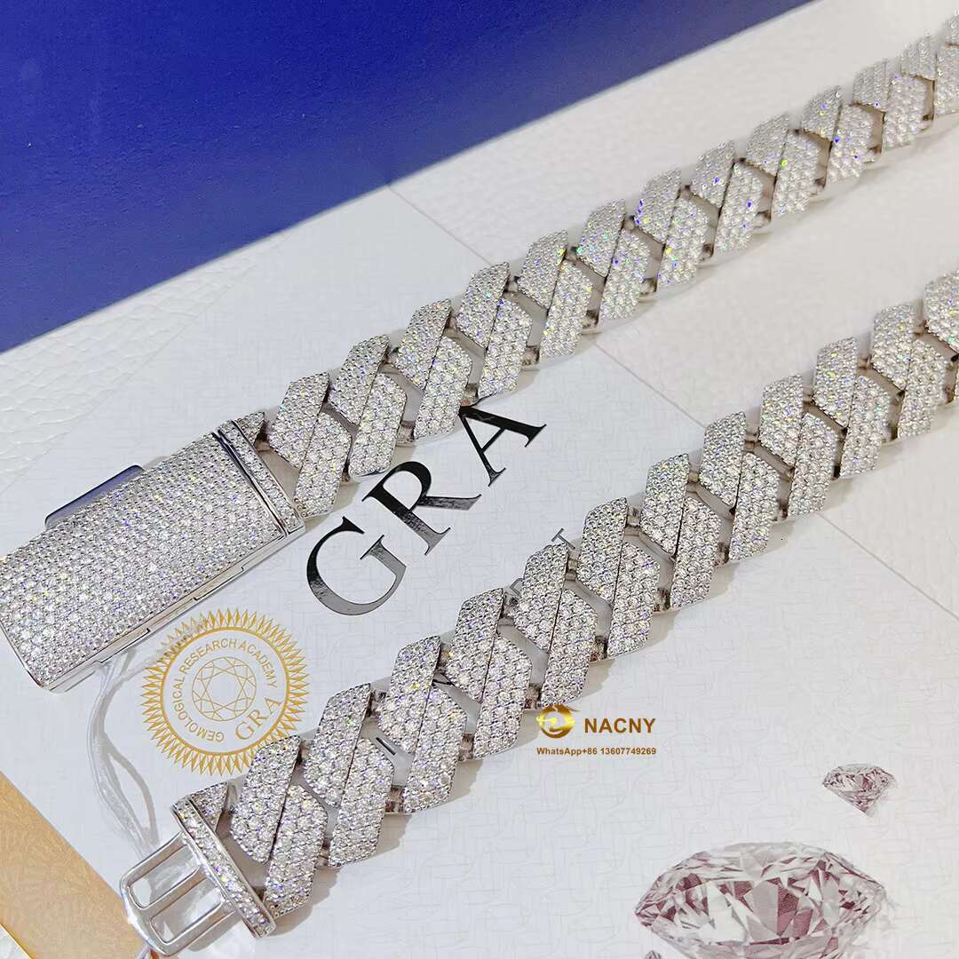 Hip Hop JewelryIced Out Necklace 18mm Moissanite VVS Moissanite Diamond 925 Silver Cuban Link Chain