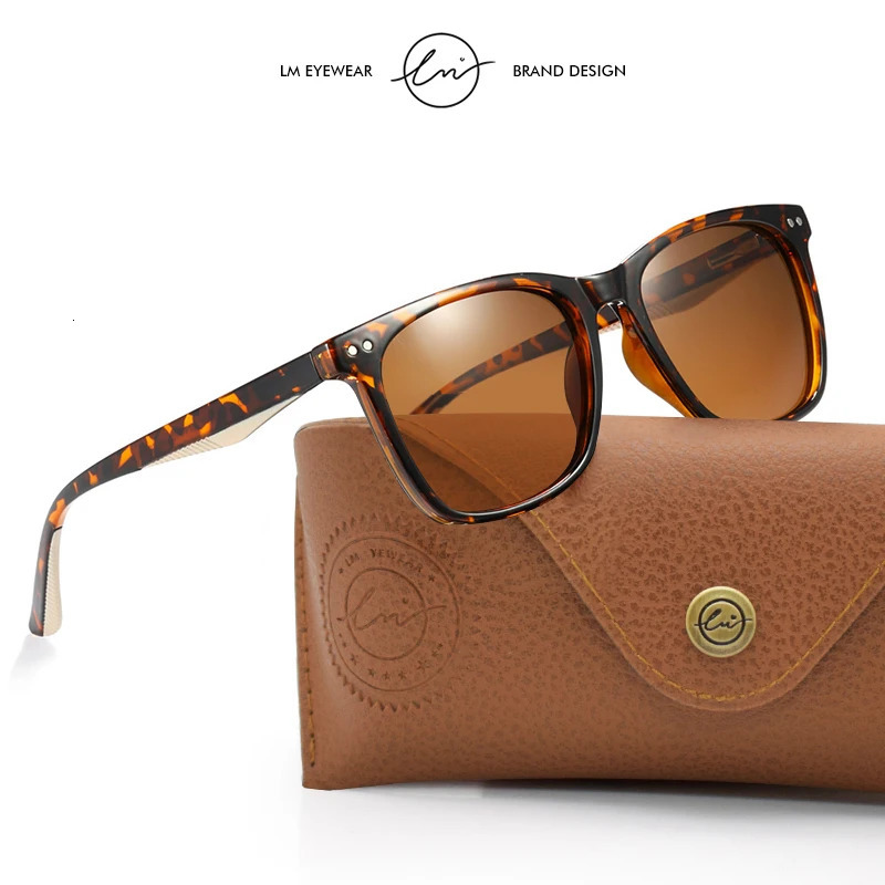 LM Mens Square Sunglasses Women Polarized Lens TR90 Material Leopard Frame Tea Lens Fishing Driving Sun Glasses UV400 250411