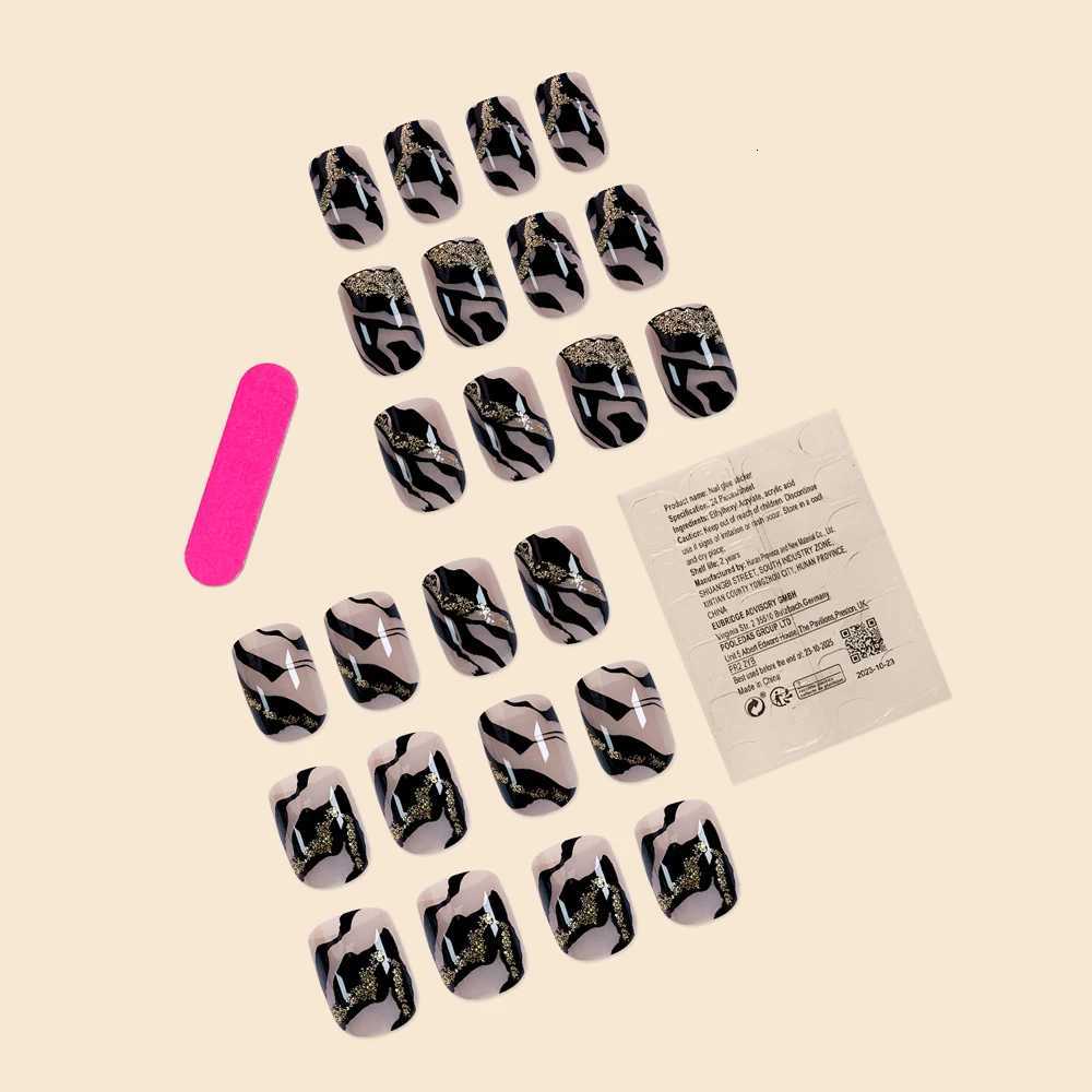24Pcs Short Size quare with Black Stripes and Glitter Powder Girls Women Full Coverage Wearable Fake Nails SetT251118T251119