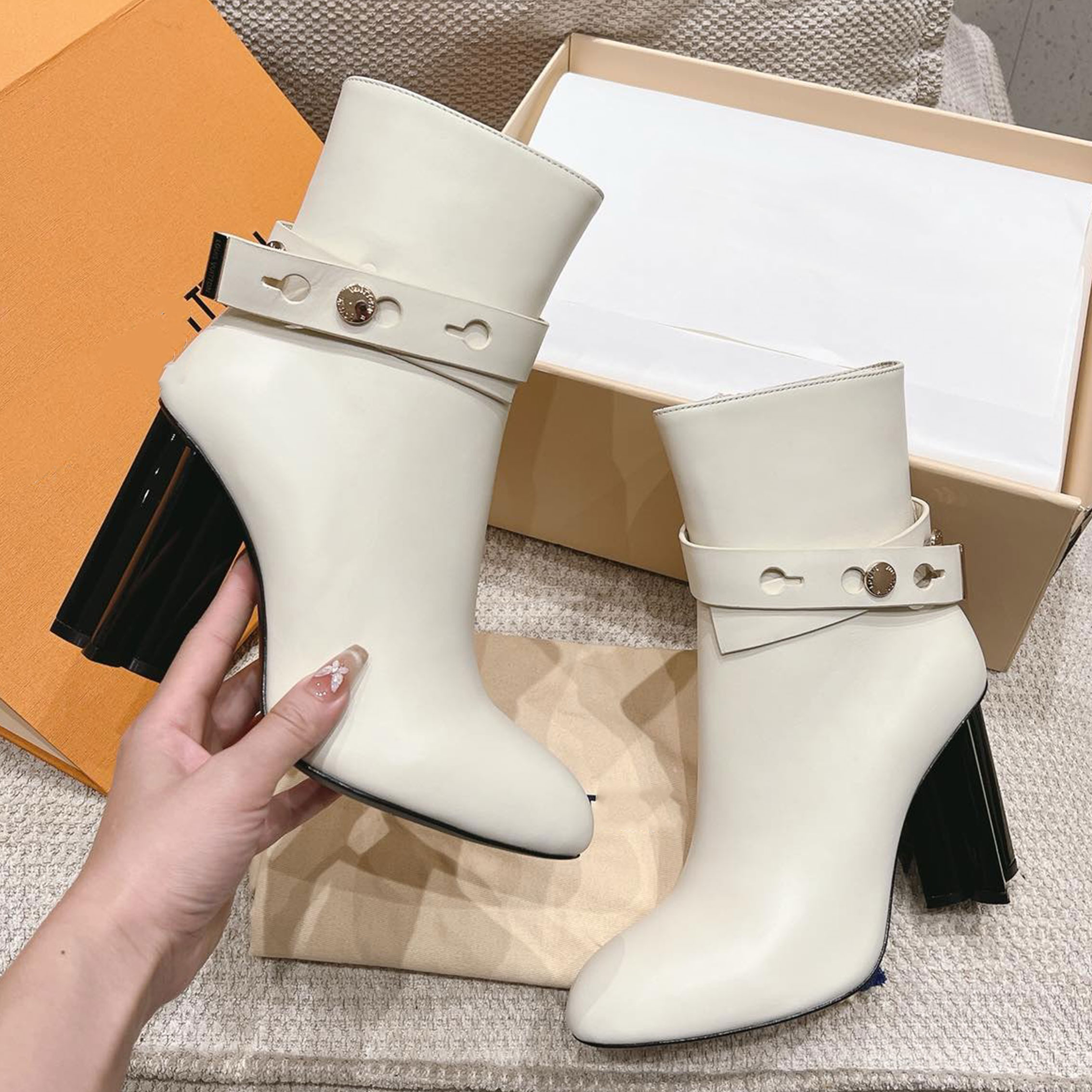 designer shoe woman fashion boot luxury Ankle Boots pointed toes Plum blossom heel Ladies High Heeled Belt Buckle Short Boots Frosted Calf Leather Womens Hiking boot