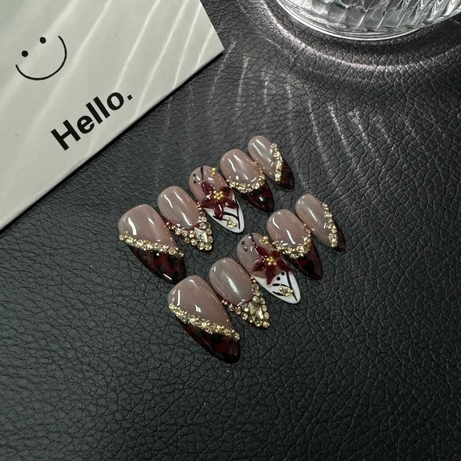10pcs Handmade Fake Nails 3D Sculpted French Almond Manicure Press on Nail Mid-Length Ladder Nail Art Removable Wearable NailT251118T251119