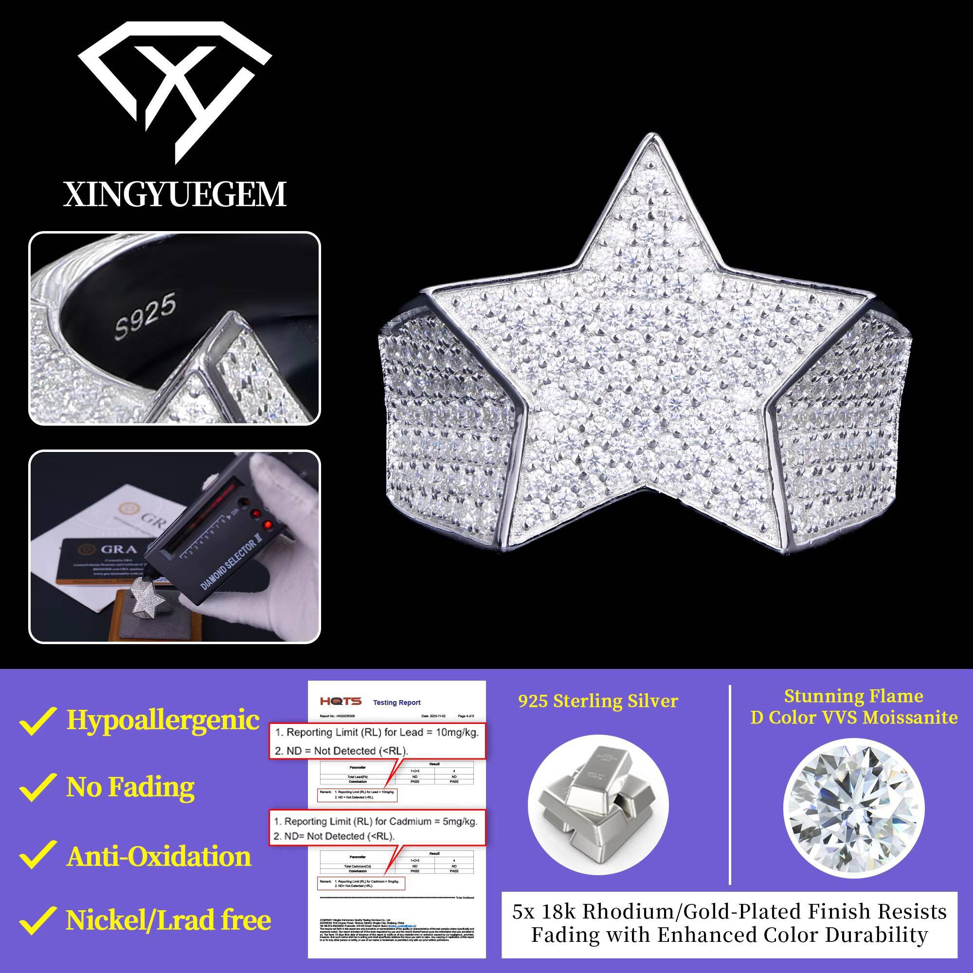 Factory Wholesale Custom Bulk 925 Sterling Silver Hip Hop Jewelry Pave Iced Out Diamond Mossanite Moissanite Star Ring for Men
