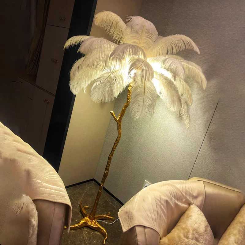 Nordic Ostrich Feather Led Floor Lamp Resin Copper Living Room Home Decor Standing Light Indoor Lighting Bedroom Bedside Lamps M251119
