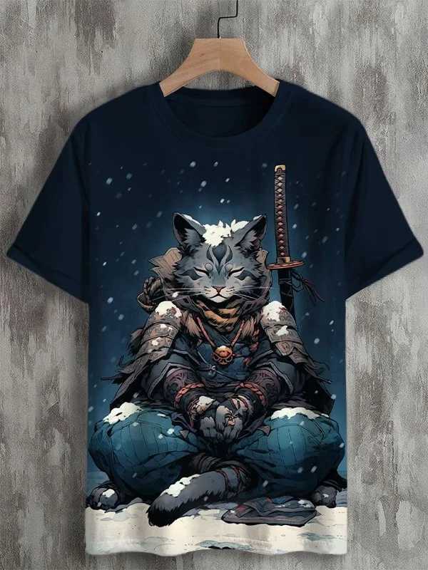 2025 mens T-shirt cartoon laser cat dinosaur art 3D printing T-shirt mens short sleeved O-neck T-shirt casual street Y2k topW250419