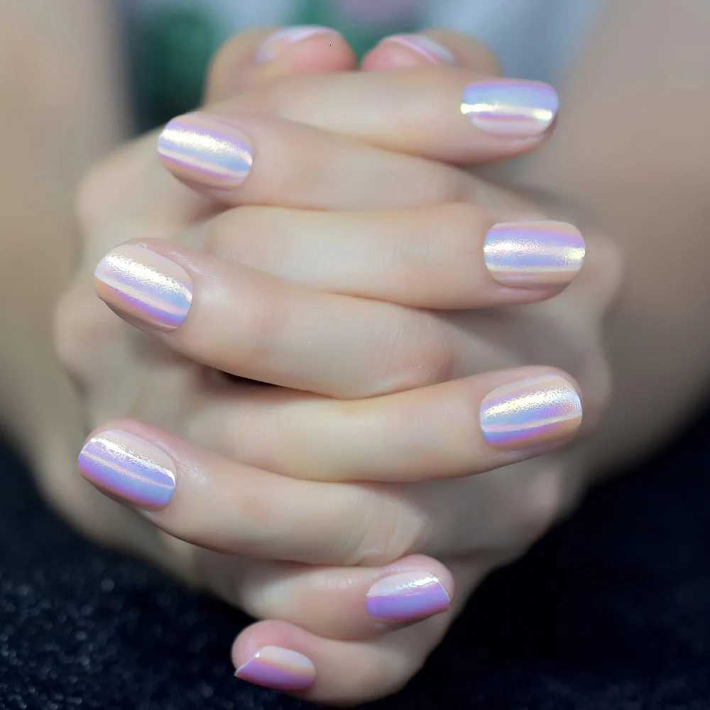 Press On Nails Chrome Fake Nails Art Short Full Cover Fingernails Acrylic Colorful Nails Round Squoval Glossy Tips With TabsT251118T251119