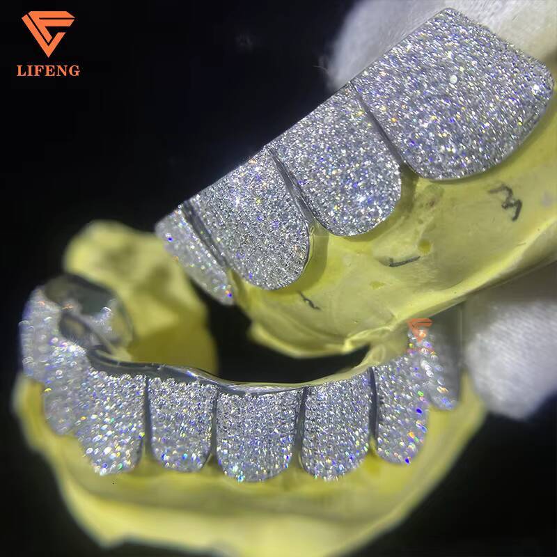 Custom Hip Hop Moissanite Teeth Grillz 7 Top 7 Bottom 925 Silver Grillz Setting Iced Out VVS Moissanite Diamond Grillz Jewelry