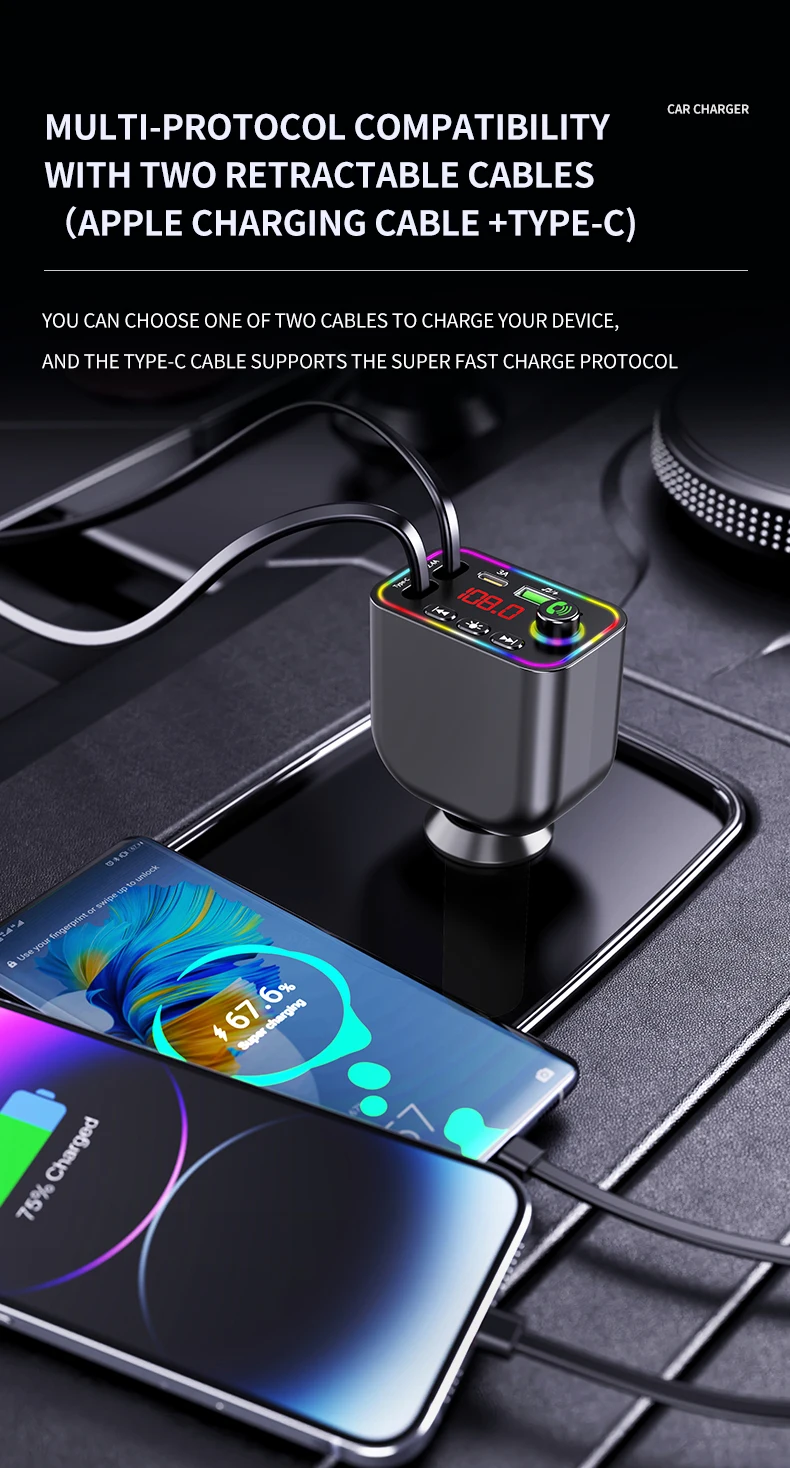 Car Charger BT 5.3 FM Transmitter Car Kit MP3 Modulator Player Handsfree Audio Receiver With Phone Type-C Charge Cable Cf02