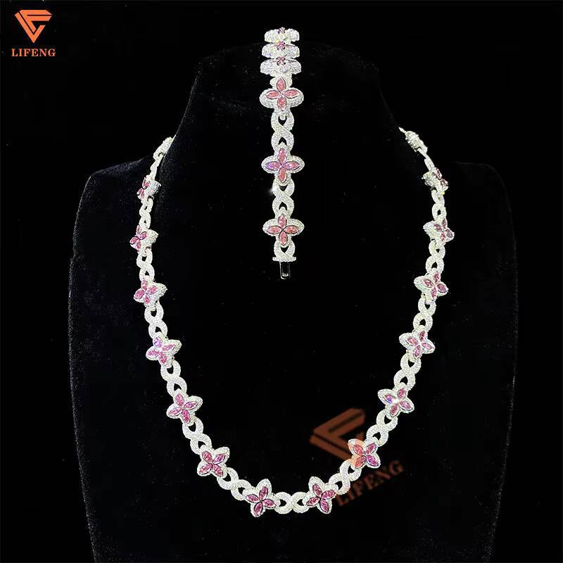 Custom Hip Hop Jewelry 14mm White Gold 925 Sterling Silver Pink Moissanite Diamond Four Leaf Clover Infinity Link Bracelet