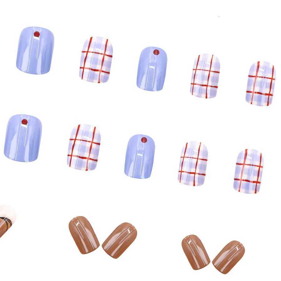 24pcs Press on Nails Blue Checkered Gradient Short Full-Coverage Nail Tips for WomenGirl Removable wearable Nail Daily WearT251118T251119