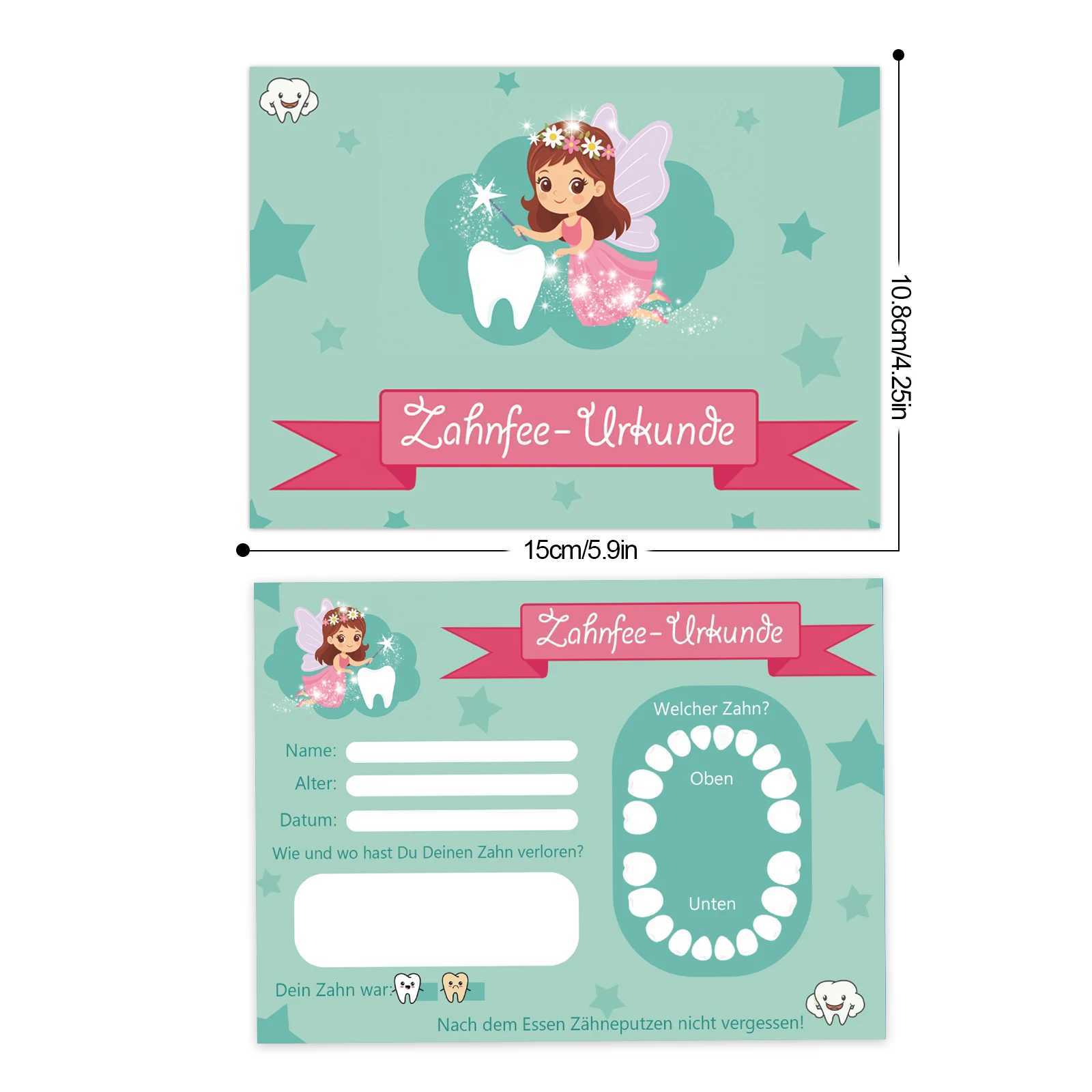 12pcs Tooth Fairy Certificate Zahnfee Urkunde Tooth Loss Commemorative Card with Green Background and Tooth Fairy Pattern Name G251119