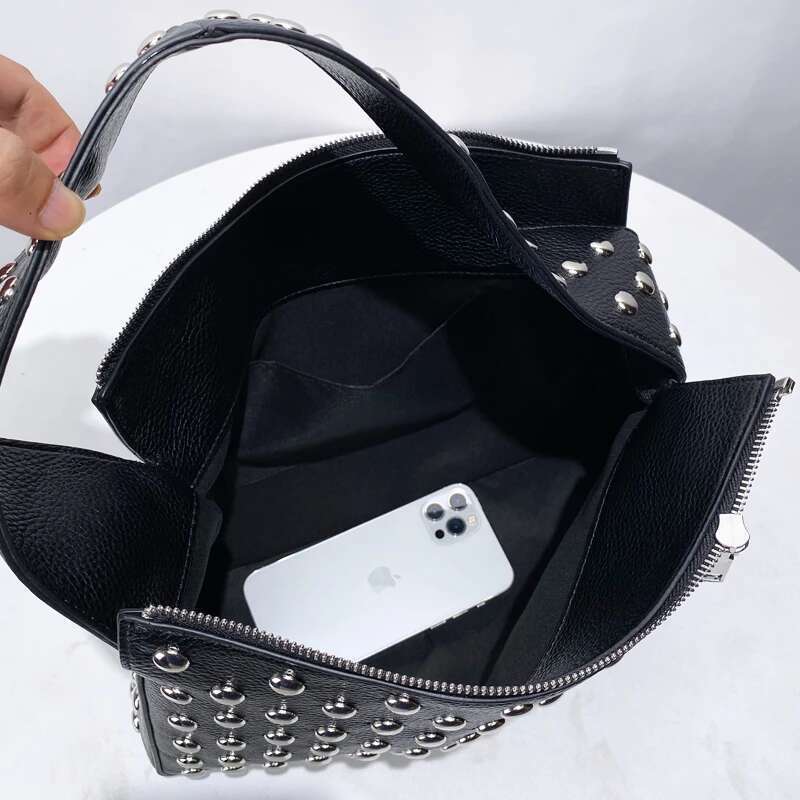 Elena Grain Punk Bags For Women Designer Handbag Purse 2024 New In PU Leather Lychee Texture Full Rivet Underarm Shoulder