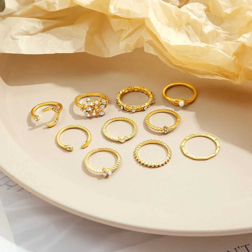 10 piece ring set gold colored chain ring set Bonn style coins Snake Moon Star party trend gift jewelryC250419